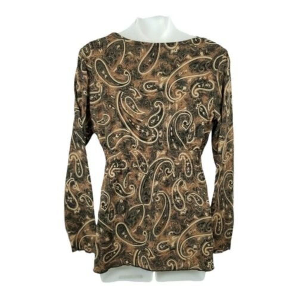 FASHION BUG Paisley V Neck Peasant Top Womens Sz M Boho Brown Long Sleeve - Picture 2 of 12